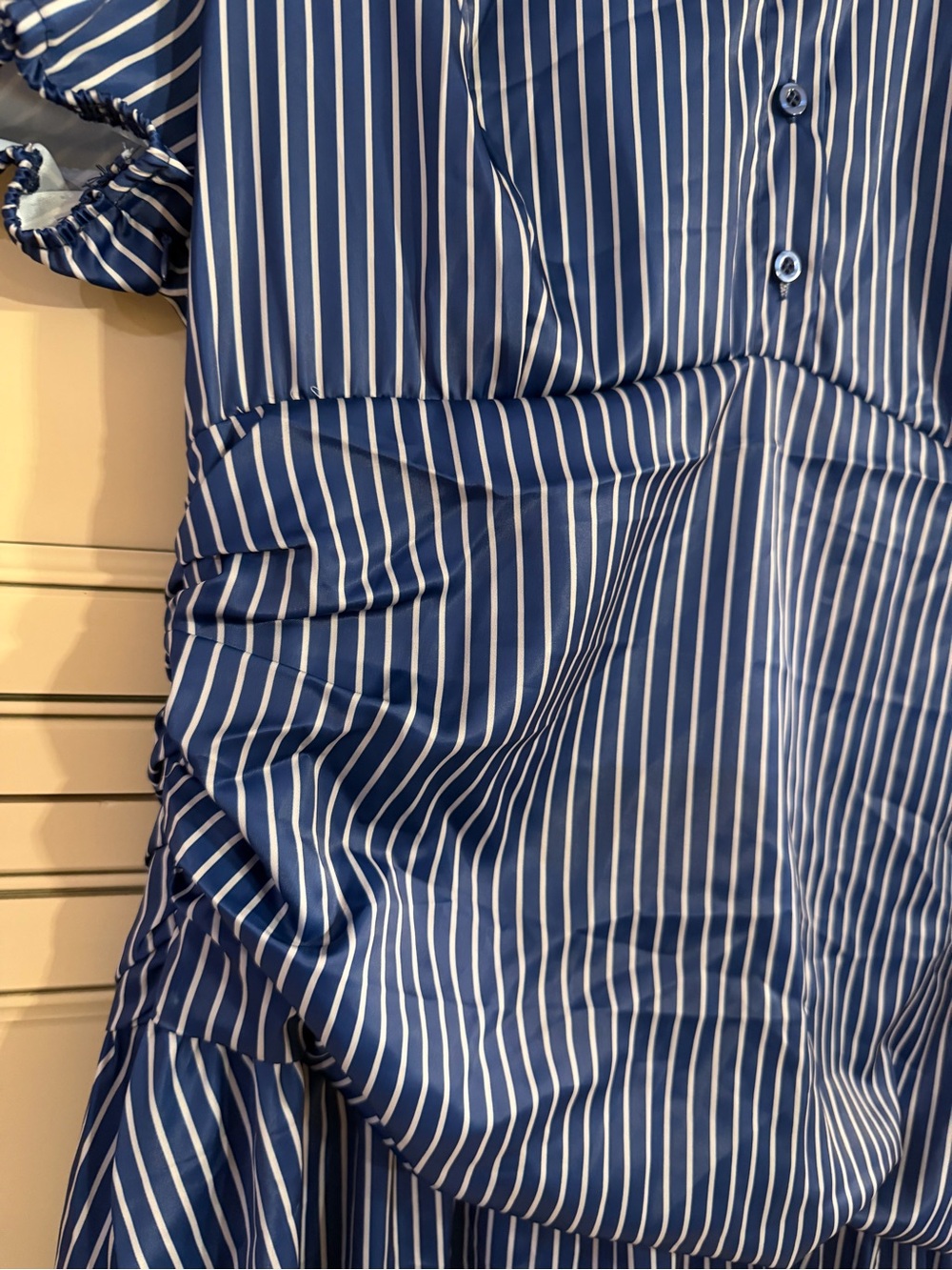 NWT Plus Size 1XL Women’s Navy Stripe Collared Casual MIDI Dress Ruched Panel - Picture 6 of 7